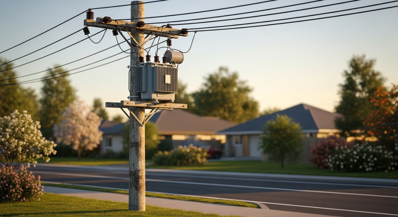 Tiang elektrik konkrit dengan kabel pendawaian di kawasan perumahan luar bandar.