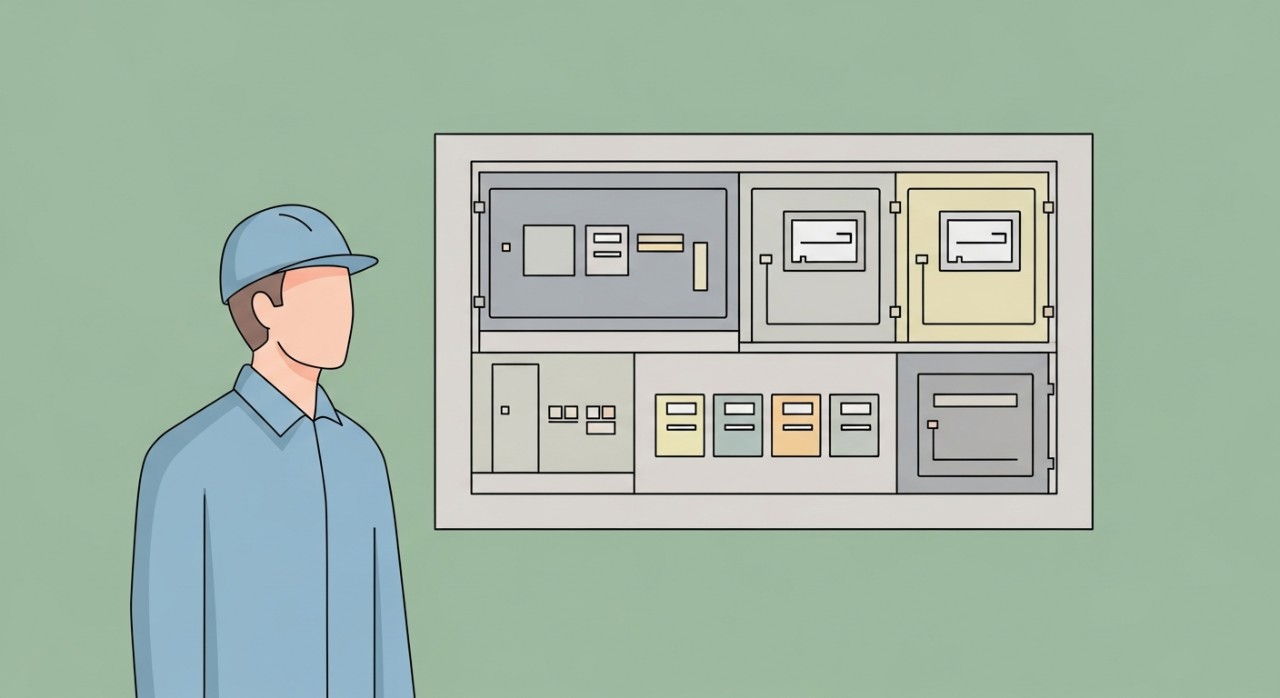 Seorang juruelektrik sedang memeriksa kotak agihan elektrik di dinding rumah.