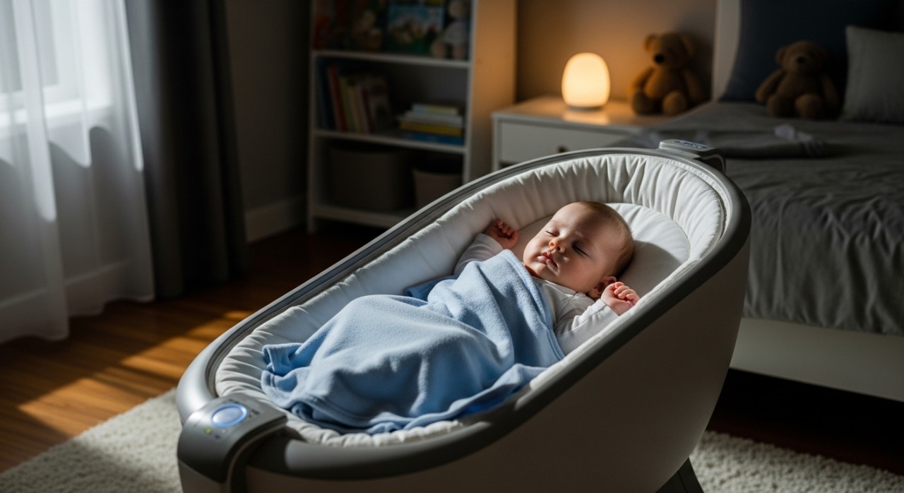 Seorang bayi sedang tidur dengan sangat tenang di dalam sebuah buaian elektrik yang selesa