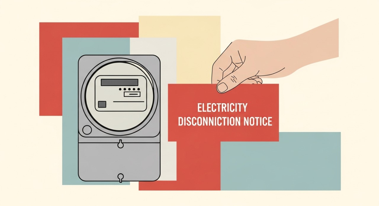 Tangan seseorang memegang notis merah pemotongan bekalan elektrik di hadapan meter rumah.