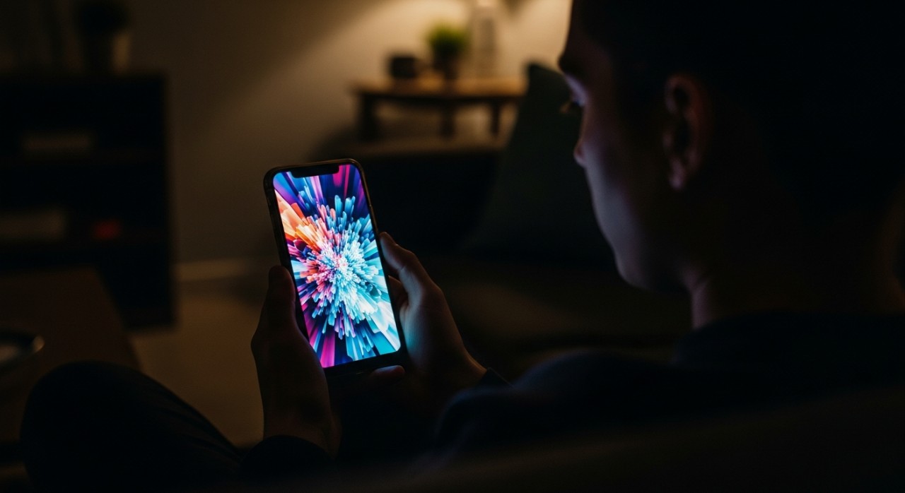 Seorang individu menggunakan telefon pintar untuk membuat aduan kerosakan elektrik di dalam rumah yang gelap.
