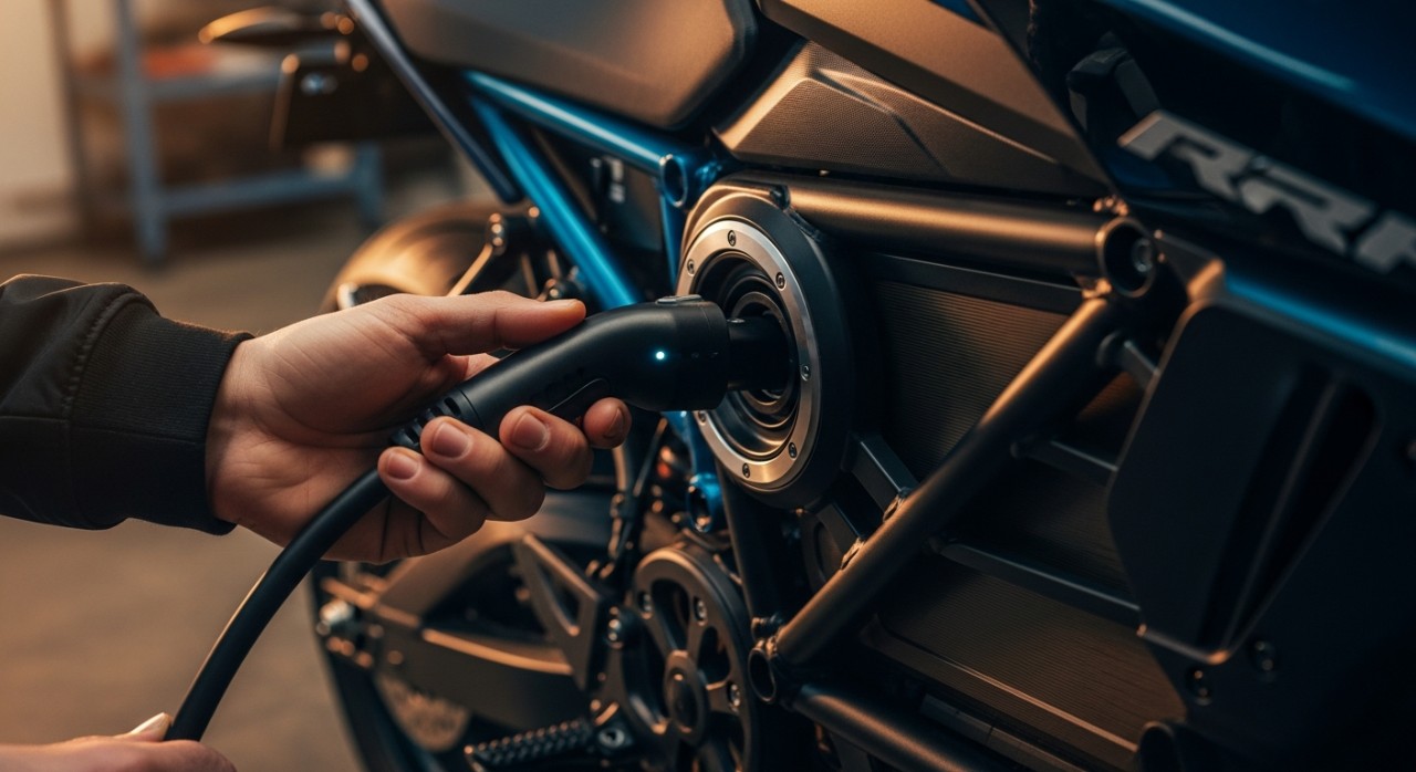 Seseorang sedang menyambungkan kabel pengecas ke dalam slot bateri motosikal elektrik.