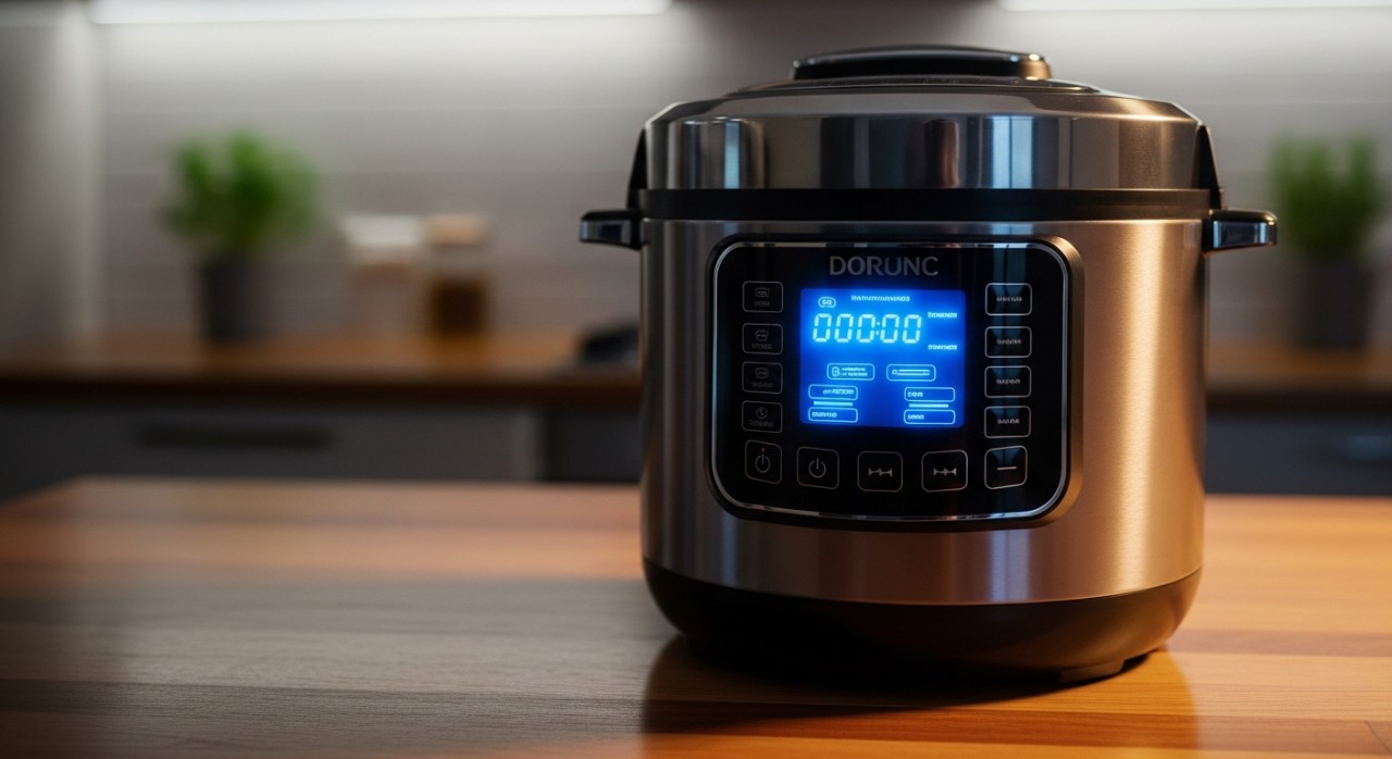 Satu unit periuk elektrik pelbagai guna dengan paparan digital di atas meja dapur.