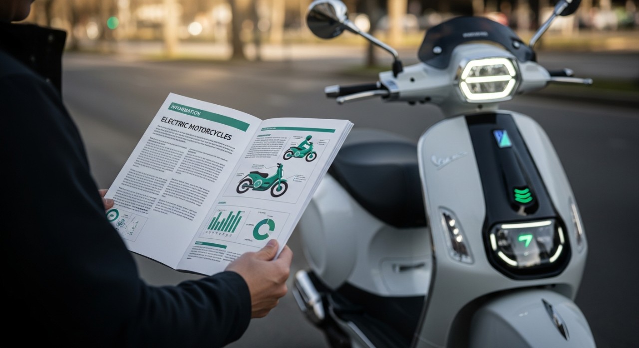 Seorang individu sedang meneliti risalah mengenai insentif bantuan kewangan untuk motosikal elektrik.