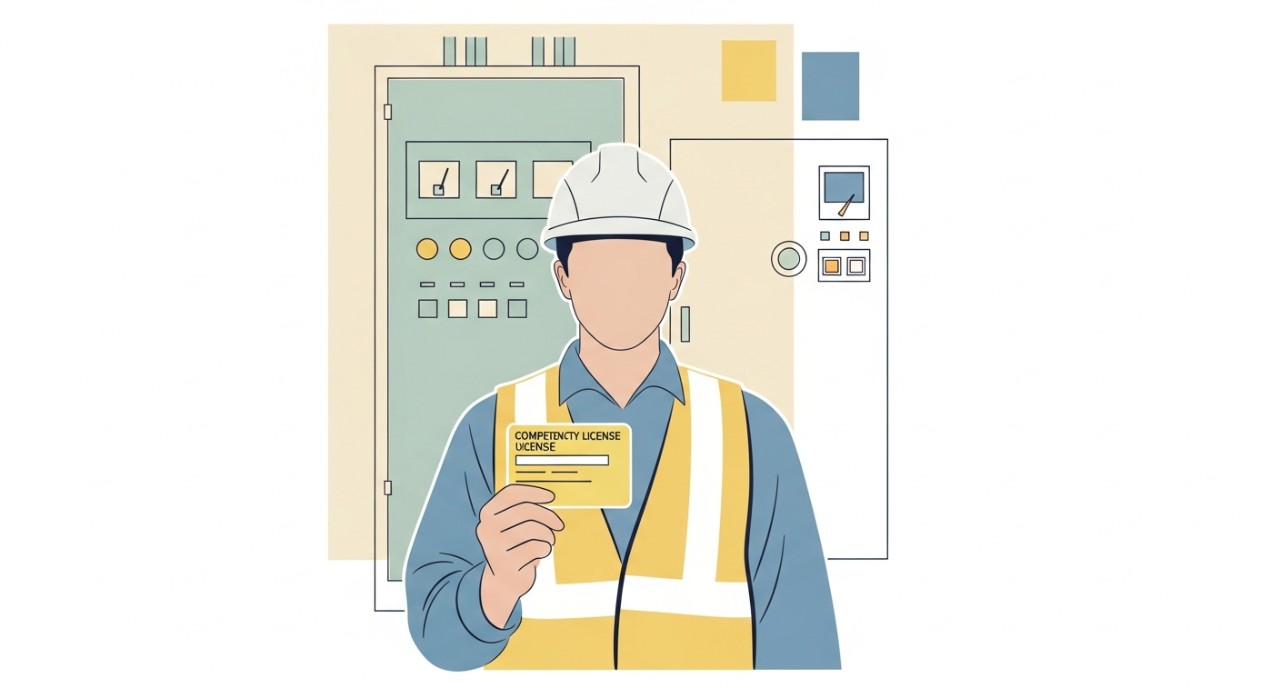 Seorang juruelektrik profesional sedang menunjukkan kad perakuan kekompeten elektrik di hadapan papan agihan kuasa.