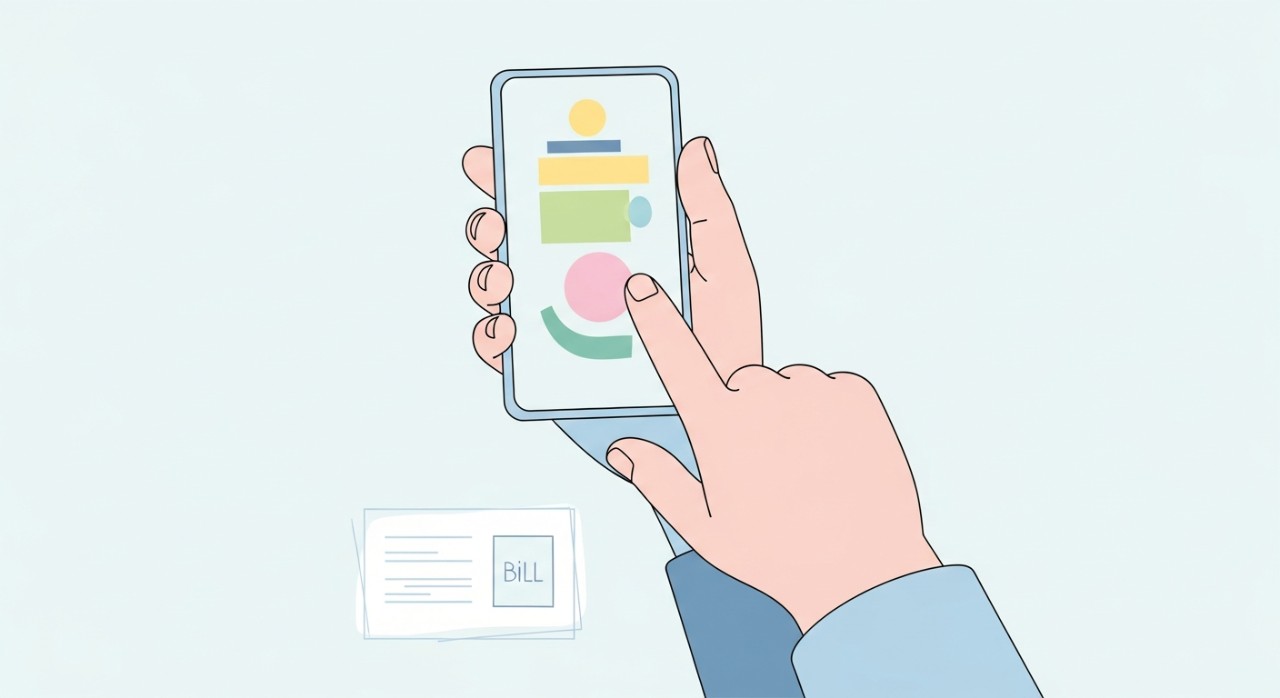 Seseorang sedang menekan skrin telefon pintar untuk membuat bayaran bil elektrik melalui aplikasi perbankan.