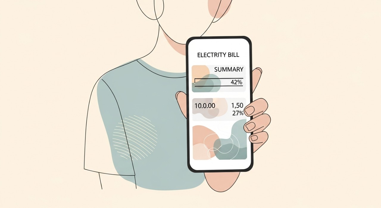 Seorang individu sedang meneliti perincian caj penggunaan elektrik pada skrin telefon pintar.