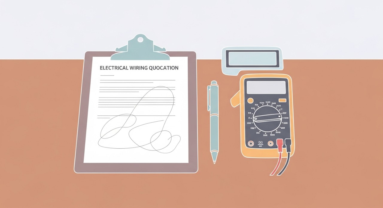 Dokumen senarai harga pendawaian elektrik yang diletakkan di atas meja bersama pen dan kalkulator.