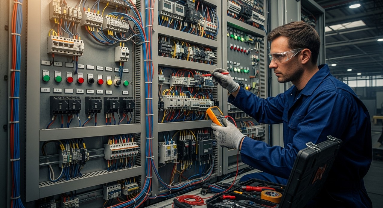 Seorang juruteknik sedang melakukan kerja penyelenggaraan pada panel kawalan elektrik industri.