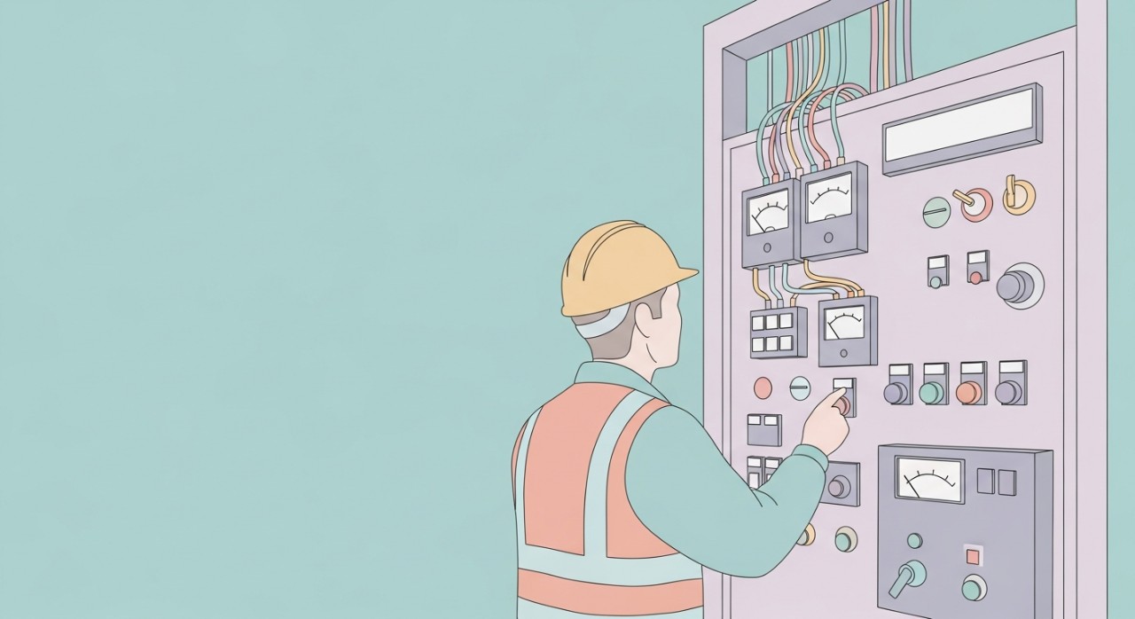 Seorang jurutera elektrik sedang memeriksa panel kawalan industri di dalam sebuah bangunan moden