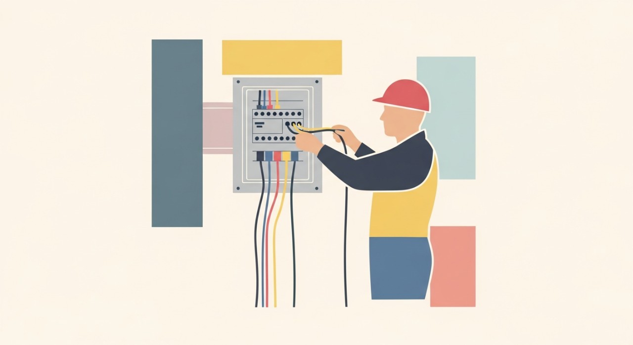 Seorang juruelektrik sedang memasang kabel pada kotak agihan elektrik dengan teliti.