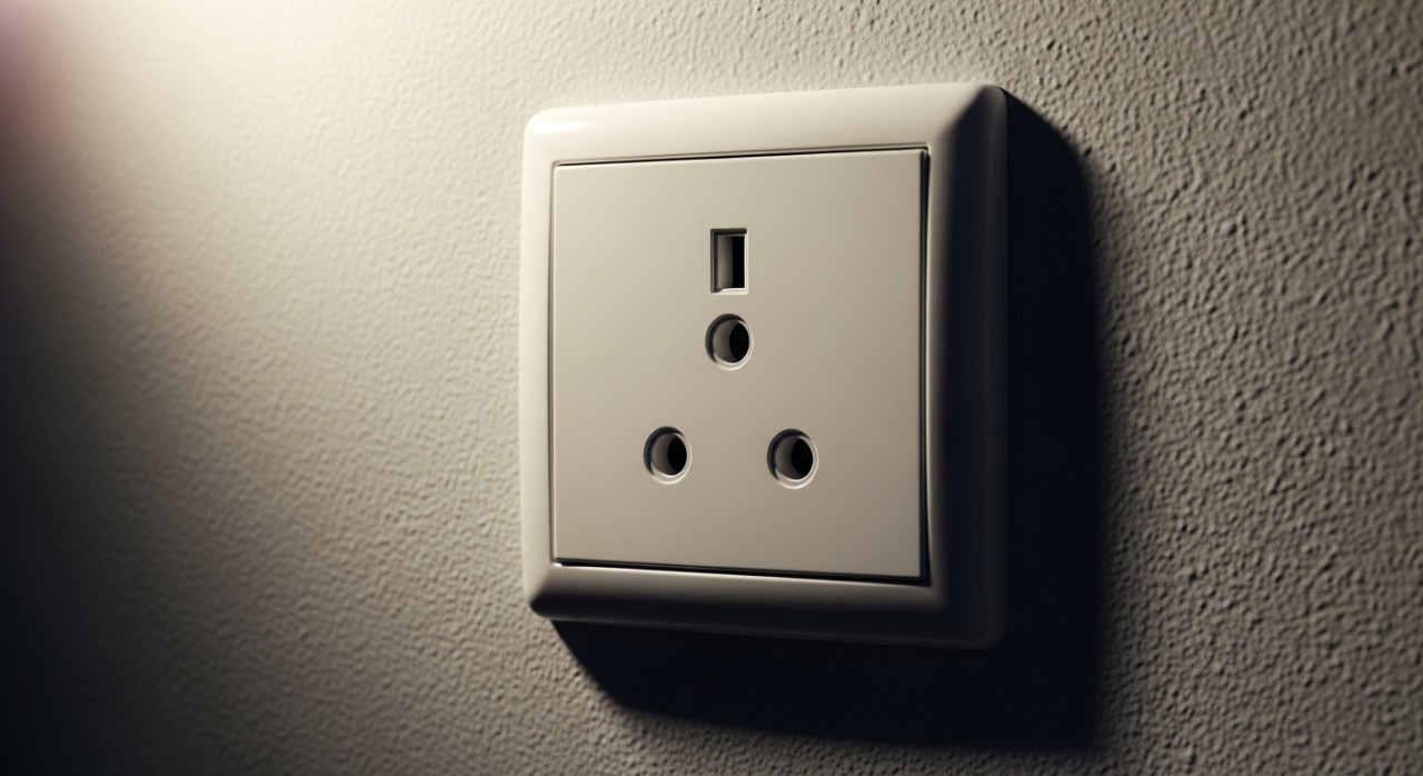 Soket elektrik tiga pin yang terpasang kemas pada dinding.