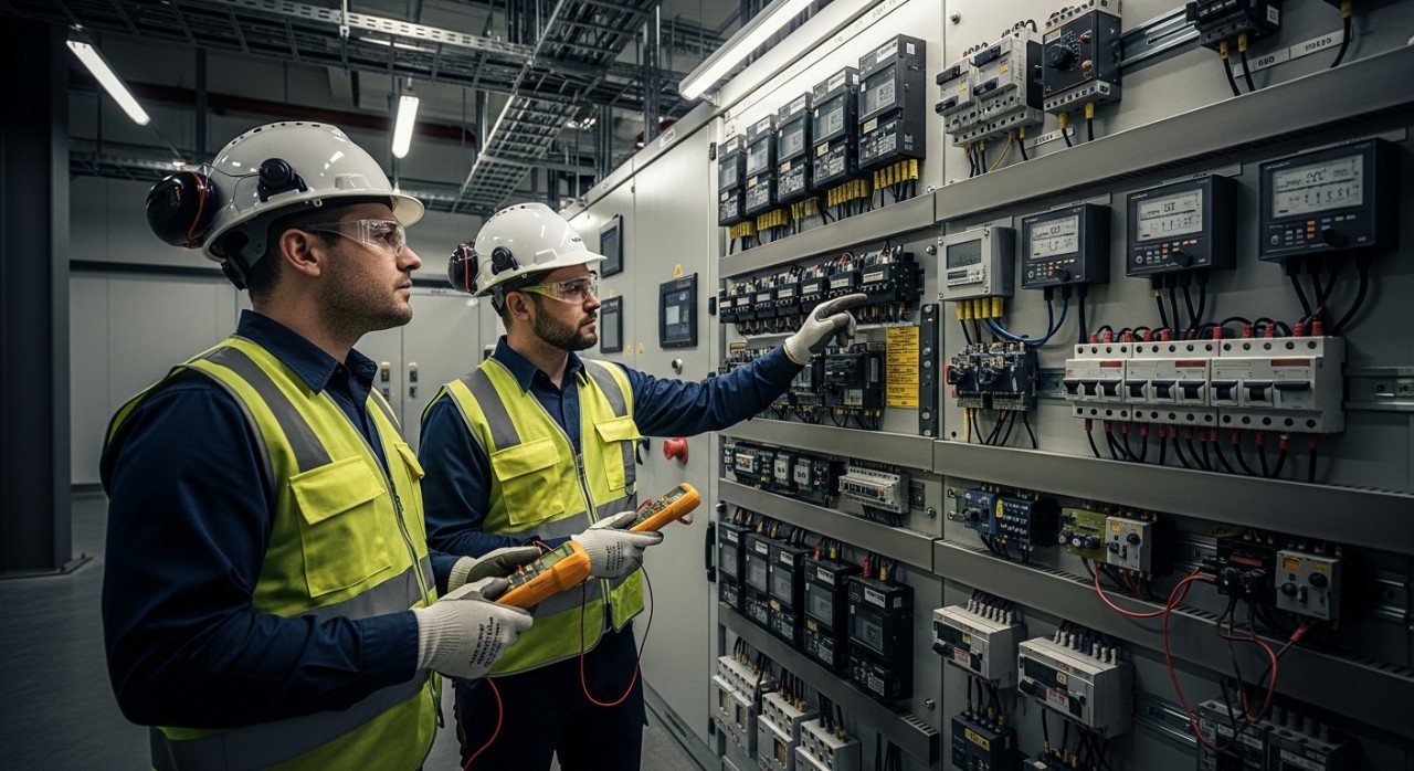 Juruteknik sedang melakukan pemeriksaan sistem pendawaian elektrik pada papan agihan utama bangunan.