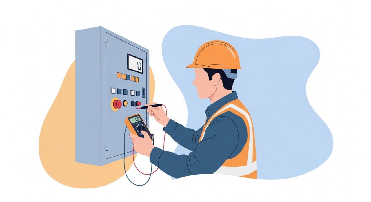 Seorang jurutera elektrik sedang memeriksa litar pada panel kawalan industri dengan teliti.