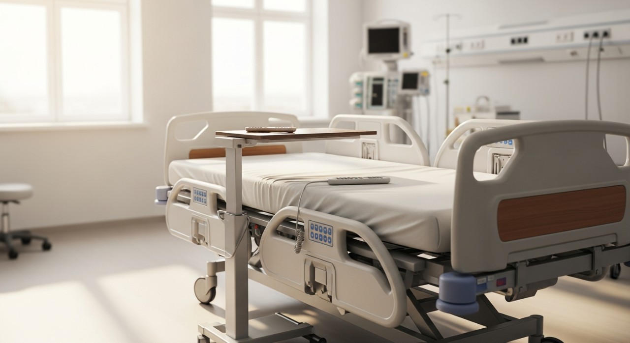 Katil hospital elektrik moden dengan alat kawalan jauh di dalam bilik rawatan yang bersih