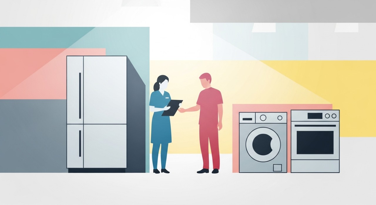 Pekerja kedai sedang membantu pelanggan memilih peralatan elektrik di dalam premis perniagaan.