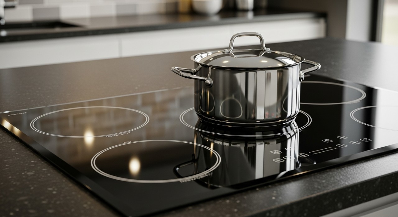 Seseorang sedang memasak hidangan menggunakan dapur elektrik di ruang dapur yang bersih.