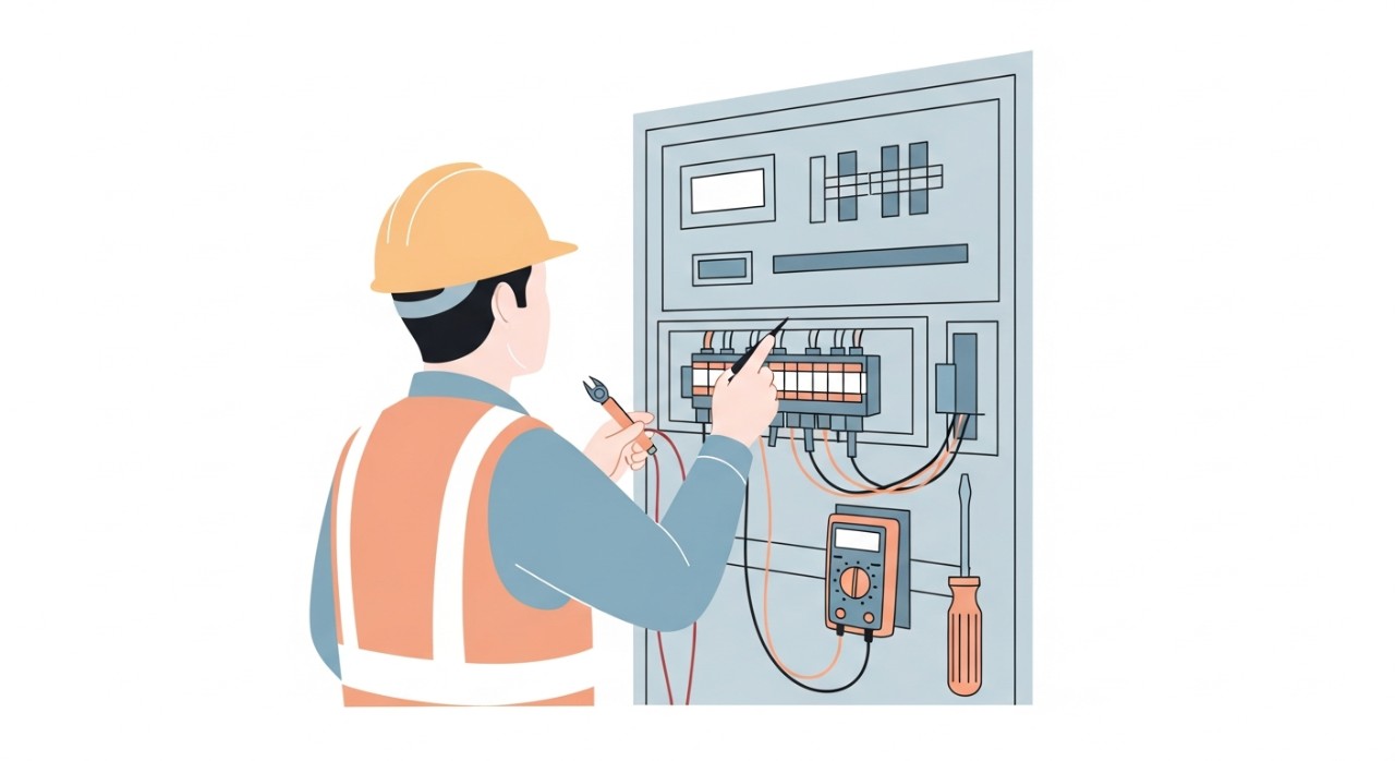 Seorang juruteknik sedang memeriksa komponen dalam papan agihan elektrik menggunakan alat penguji.