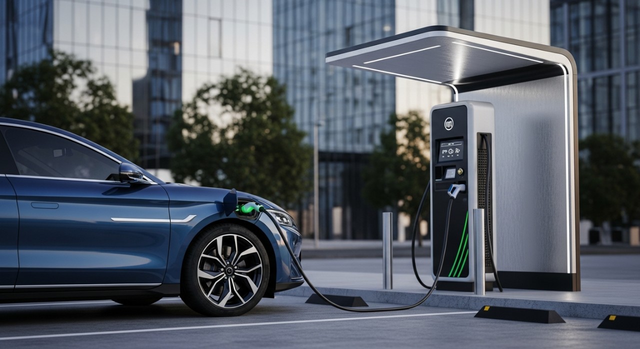 Sebuah kereta elektrik BYD berwarna biru sedang dicas di stesen pengecasan pantas.