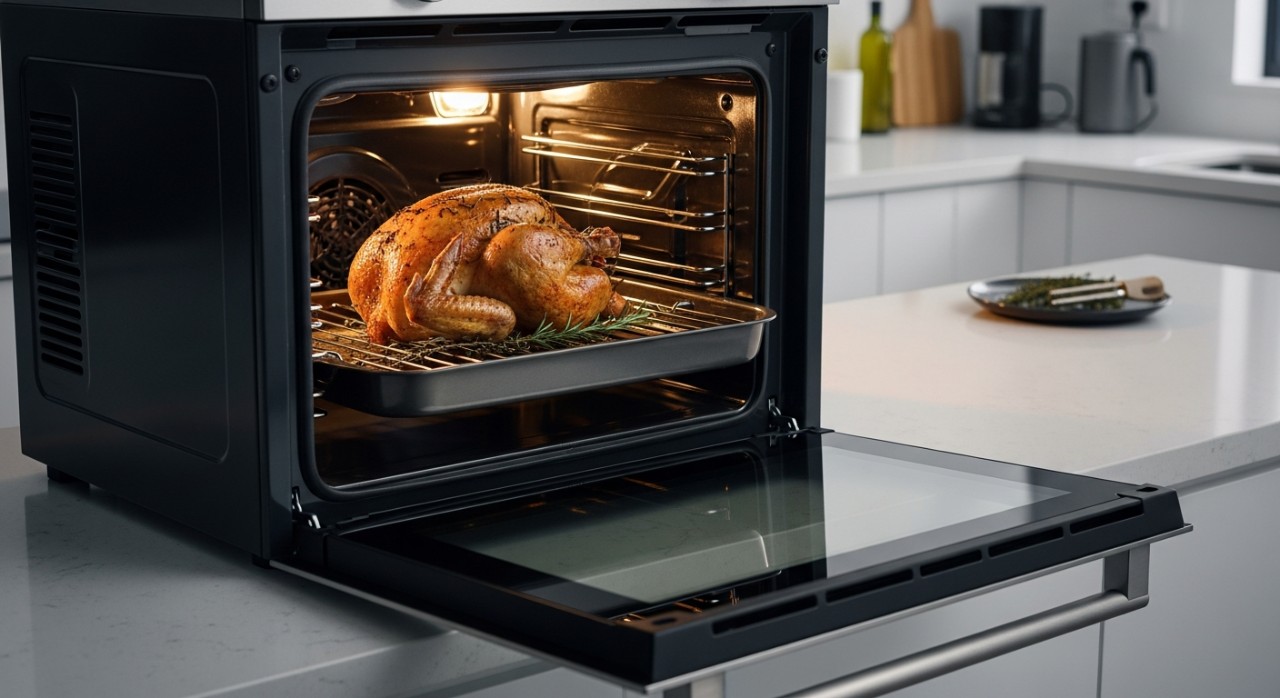 Sebuah ketuhar elektrik moden yang sedang membakar ayam panggang di dalam ruang dapur.
