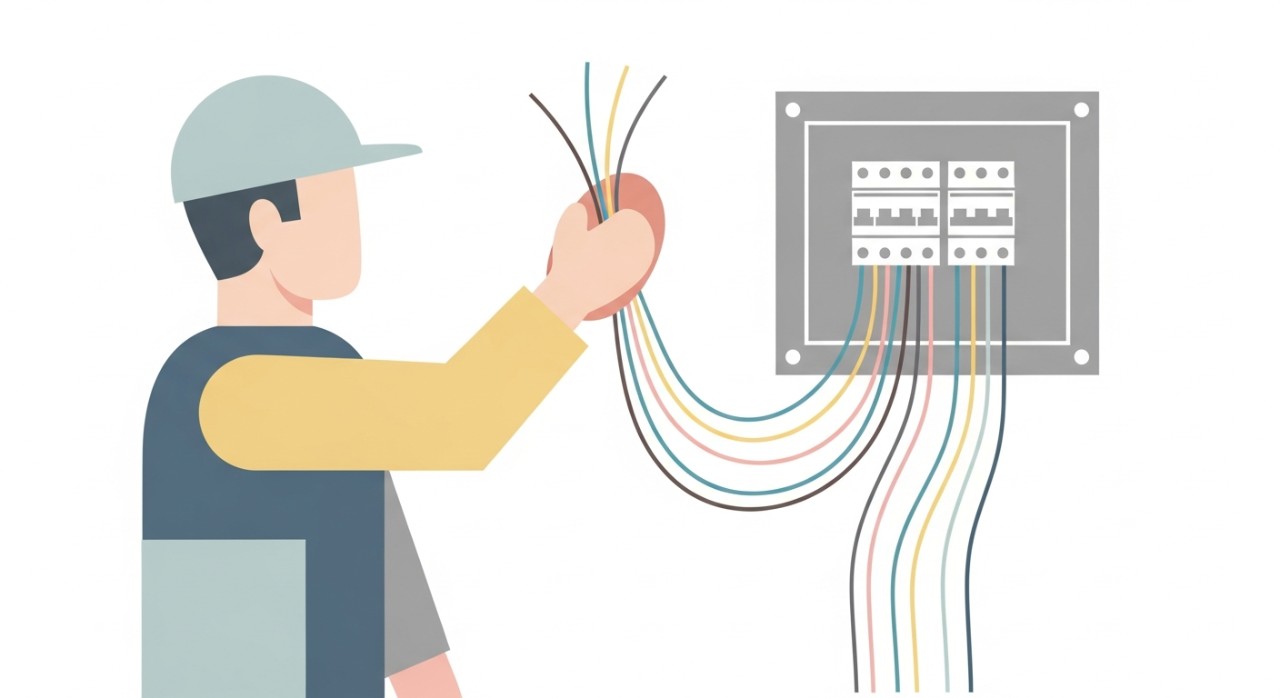 Seorang juruelektrik sedang menyusun kabel di dalam kotak agihan elektrik kediaman.