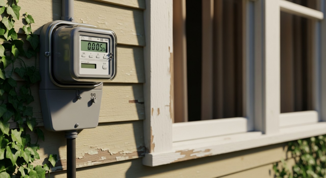 Meter elektrik digital Sarawak Energy yang dipasang pada dinding luar sebuah rumah kediaman.