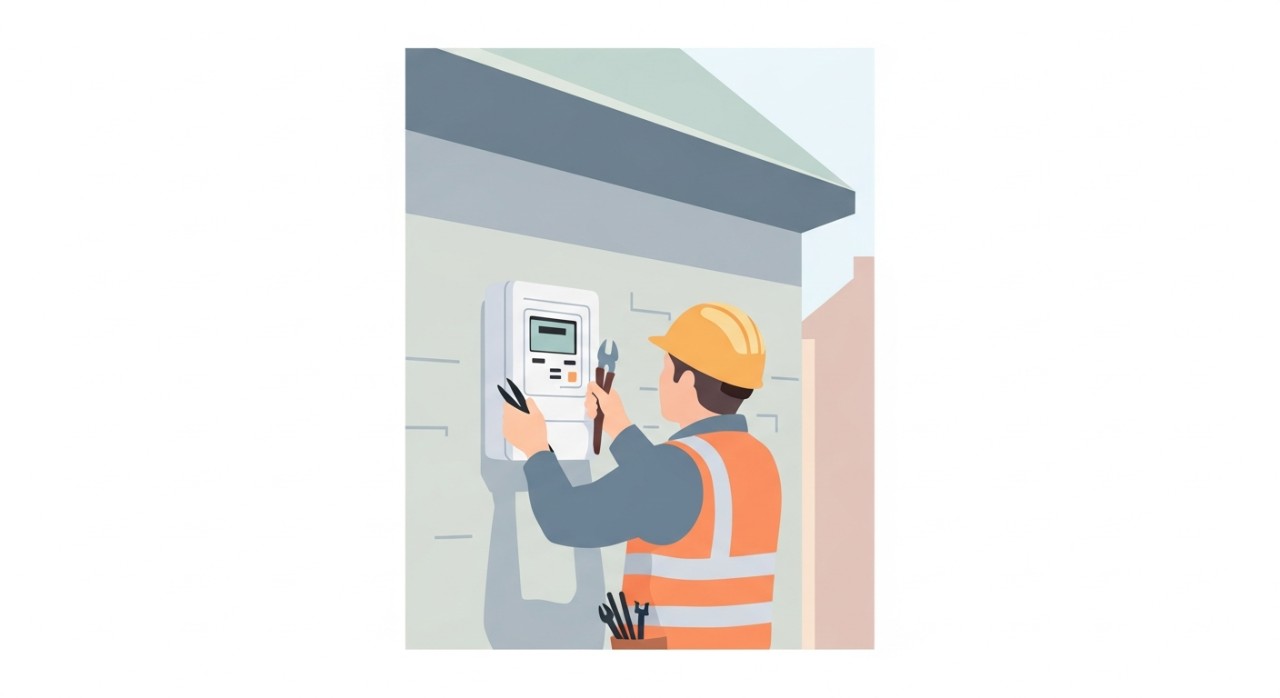 Seorang juruteknik sedang memasang meter elektrik digital pada dinding luar sebuah rumah.