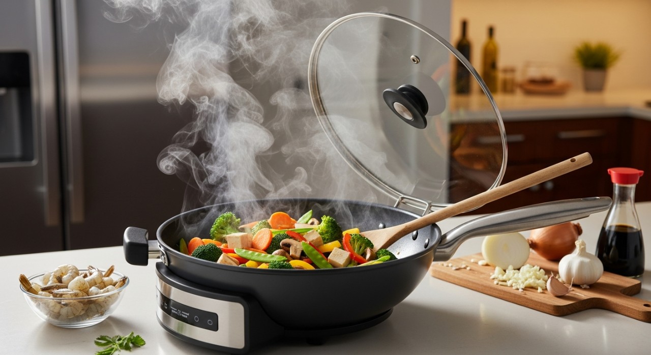 Sebuah kuali elektrik yang sedang digunakan untuk memasak hidangan sayur di atas meja.