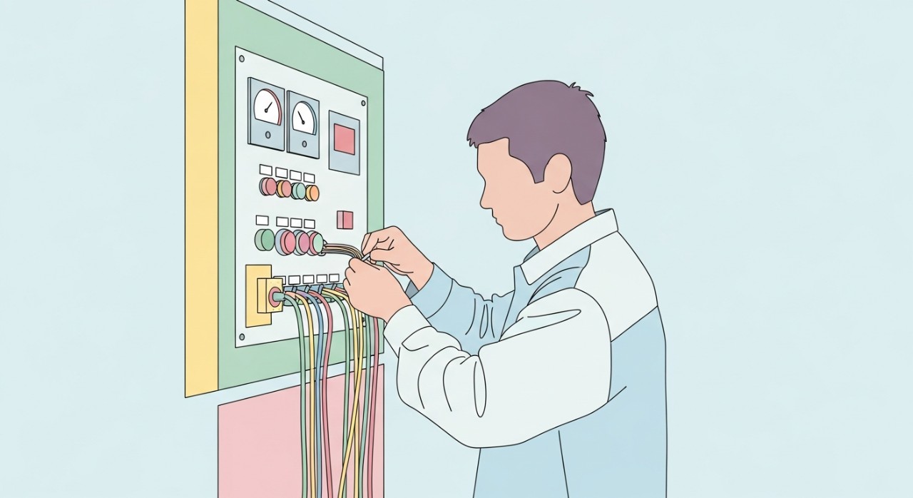 Seorang pelatih sedang melakukan kerja pendawaian elektrik pada papan litar di pusat latihan kemahiran.