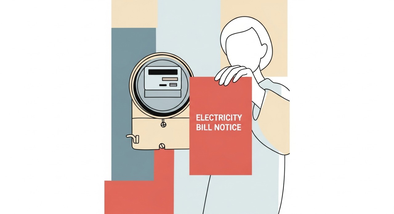 Seorang individu sedang memegang bil elektrik berwarna merah di hadapan meter rumah