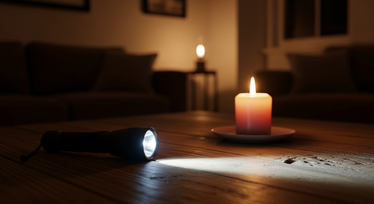 Lampu suluh dan beberapa batang lilin yang menyala di atas meja kayu dalam keadaan gelap.