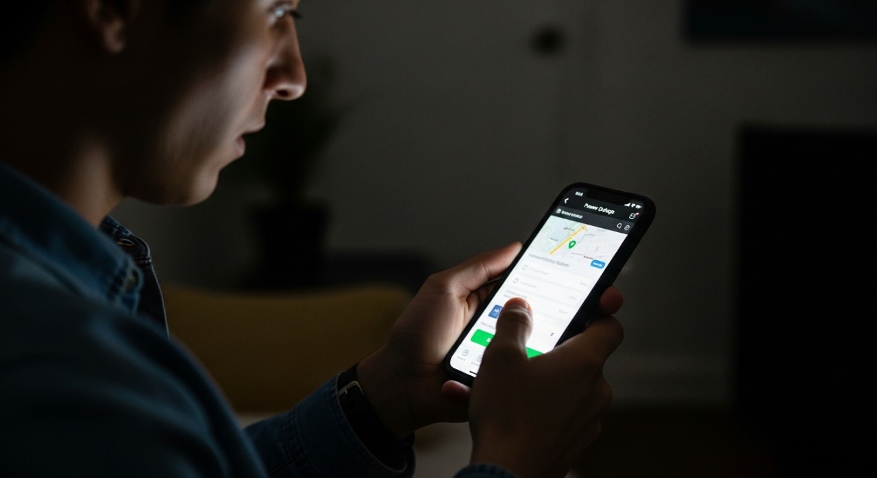 Seseorang sedang menggunakan aplikasi telefon pintar untuk melaporkan gangguan bekalan elektrik di dalam rumah yang gelap.