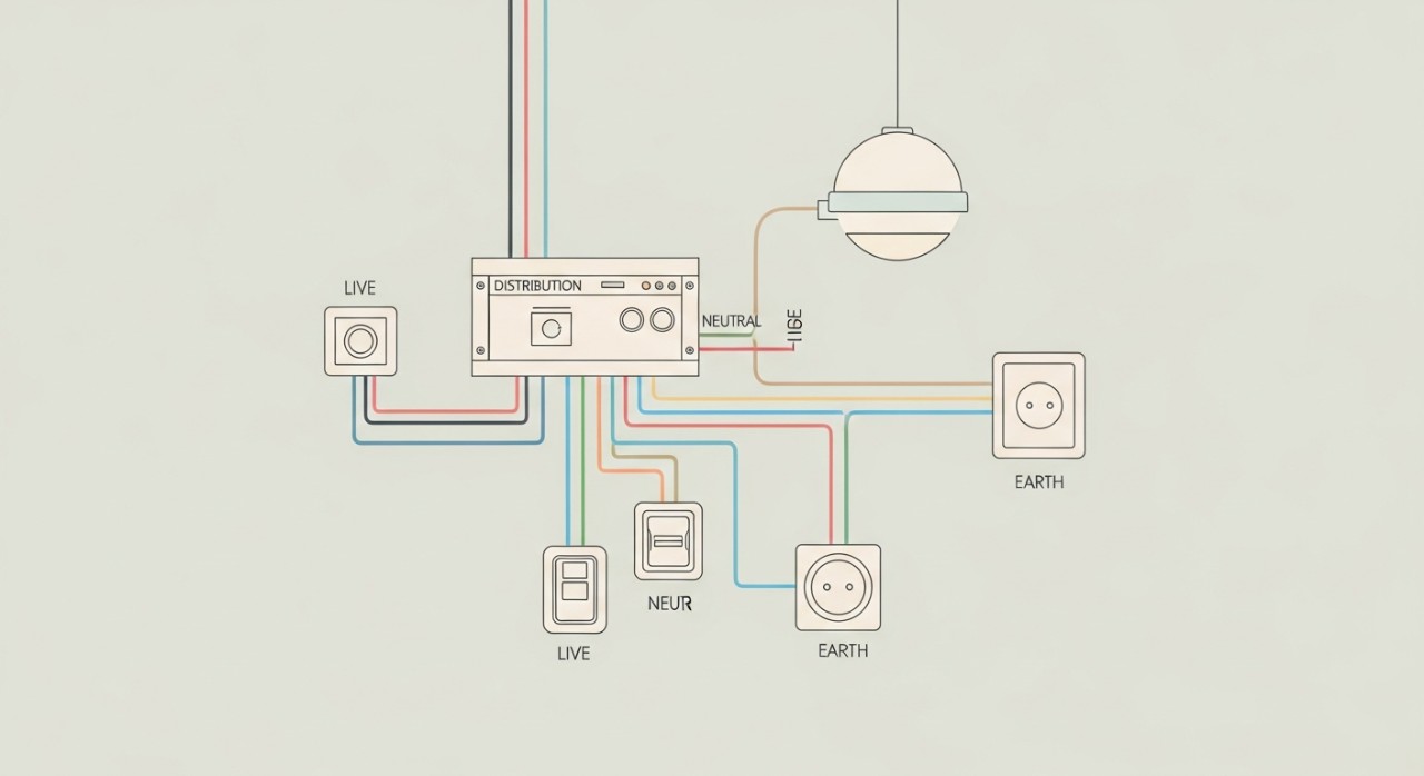 Sistem pendawaian elektrik satu fasa yang menunjukkan sambungan antara papan agihan dan peranti elektrik rumah.