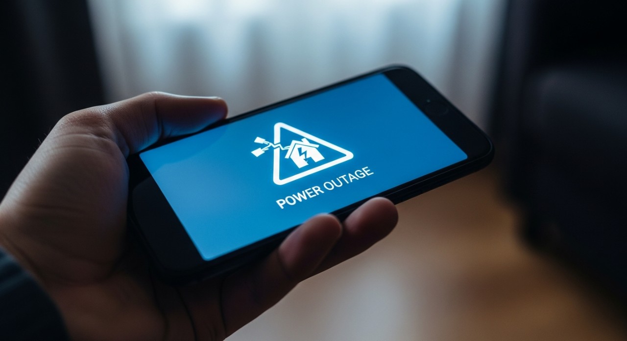 Tangan seseorang memegang telefon pintar yang memaparkan mesej makluman gangguan elektrik
