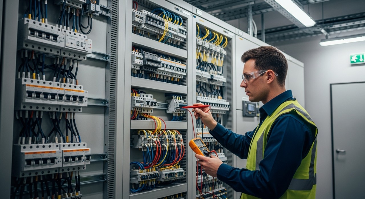 Seorang jurutera elektrik sedang memeriksa panel agihan utama yang mempunyai pelbagai suis litar di dalam sebuah bangunan.