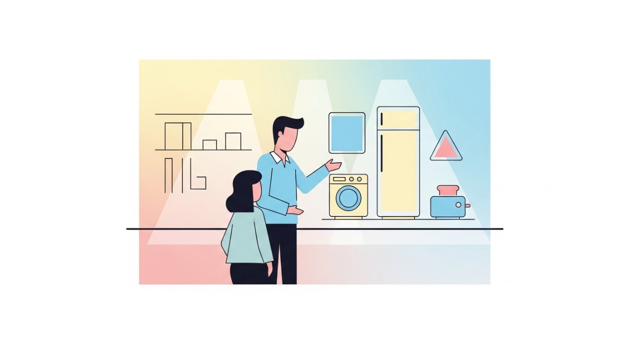 Seorang pekerja kedai sedang membantu pelanggan memilih barangan elektrik di dalam premis.