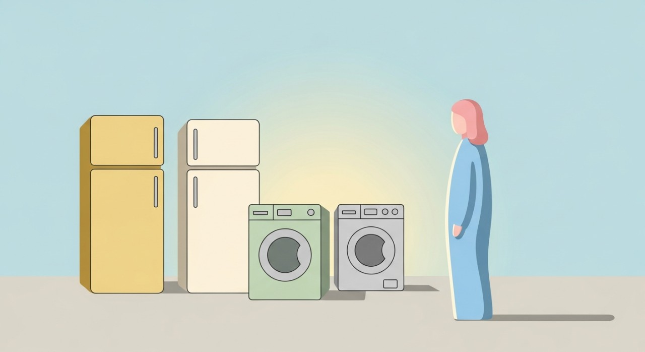 Seorang pelanggan sedang meninjau pelbagai peralatan elektrik di dalam sebuah kedai yang moden.