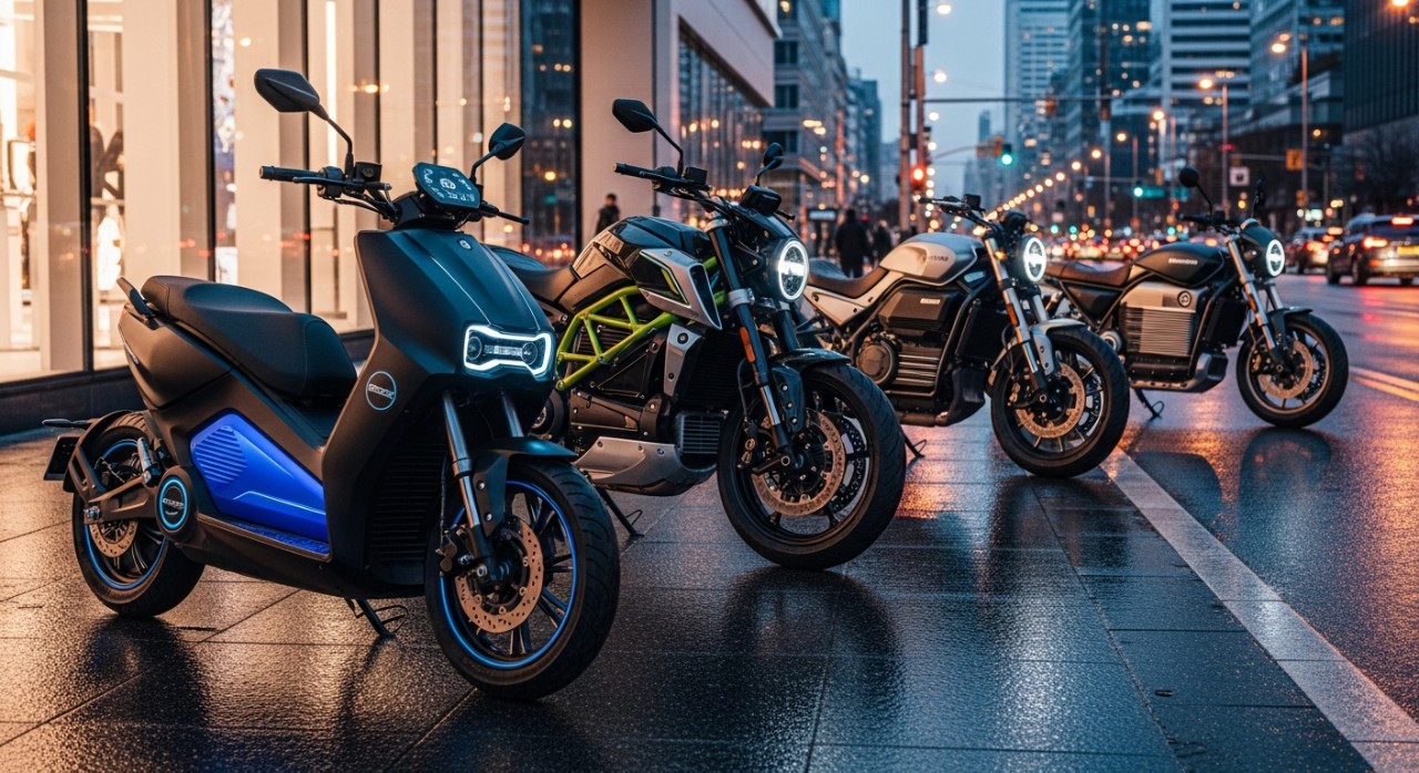 Beberapa buah motosikal elektrik dalam pelbagai reka bentuk diletakkan secara tersusun
