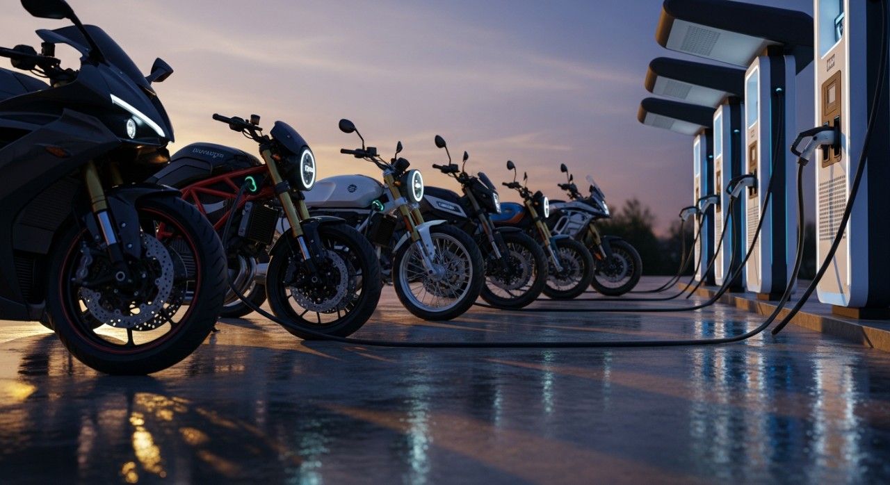 Barisan motosikal elektrik pelbagai jenis sedang dicas di stesen pengecasan