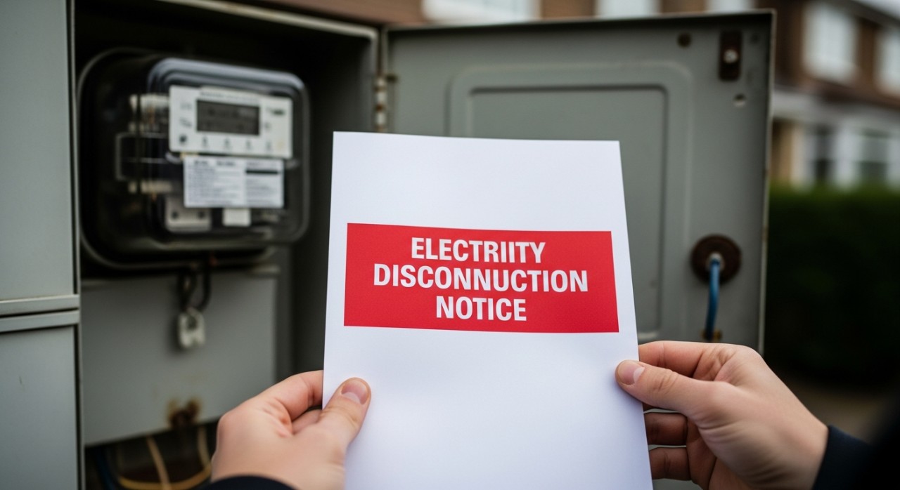 Seorang individu sedang memegang surat notis tunggakan bil elektrik di hadapan rumah.