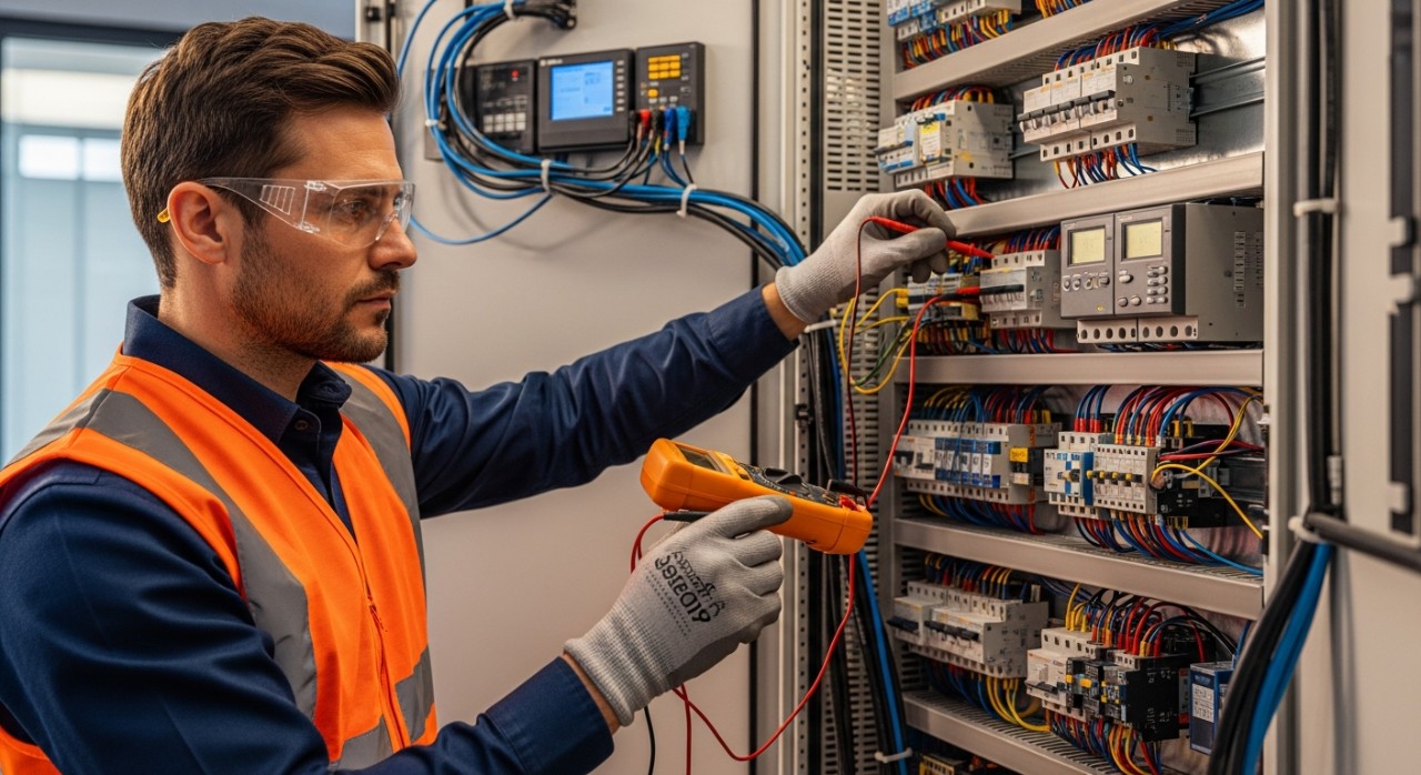 Seorang juruteknik mahir sedang memasang komponen elektrik pada papan suis utama.