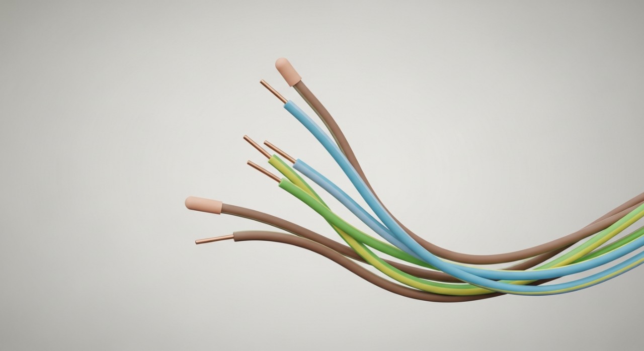 Hujung kabel elektrik pelbagai warna yang menunjukkan teras tembaga di dalamnya.