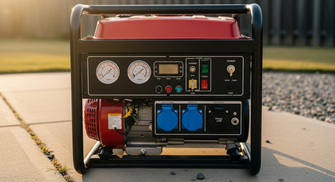 Generator elektrik mudah alih dengan panel kawalan yang jelas diletakkan di atas lantai simen luar rumah.