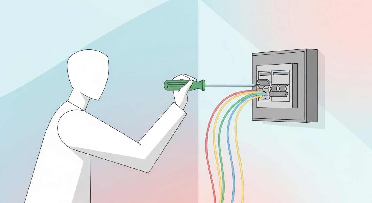 Seorang juruelektrik sedang menyusun dan menyambung wayar berwarna di dalam kotak agihan elektrik rumah.