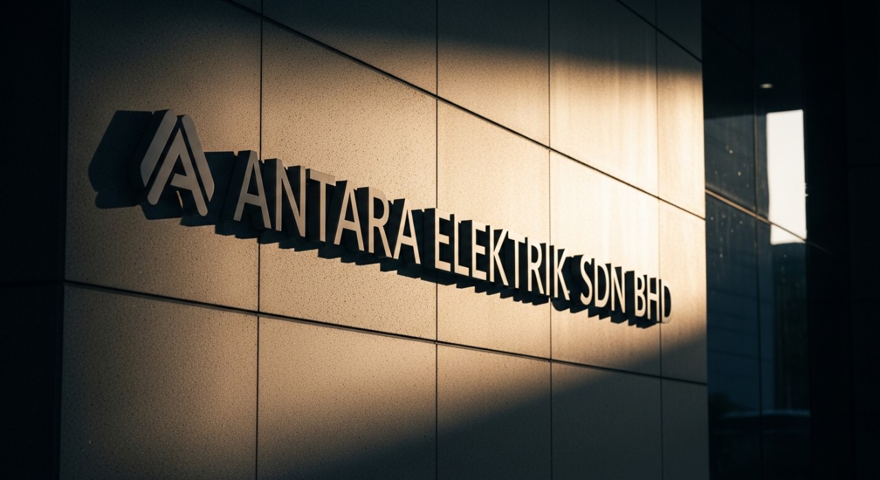 Papan tanda nama syarikat Antara Elektrik Sdn Bhd yang dipasang pada dinding bangunan pejabat moden.