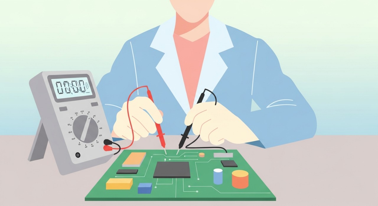 Seorang pelajar sedang menguji komponen pada papan litar menggunakan alat multimeter di dalam makmal kejuruteraan.