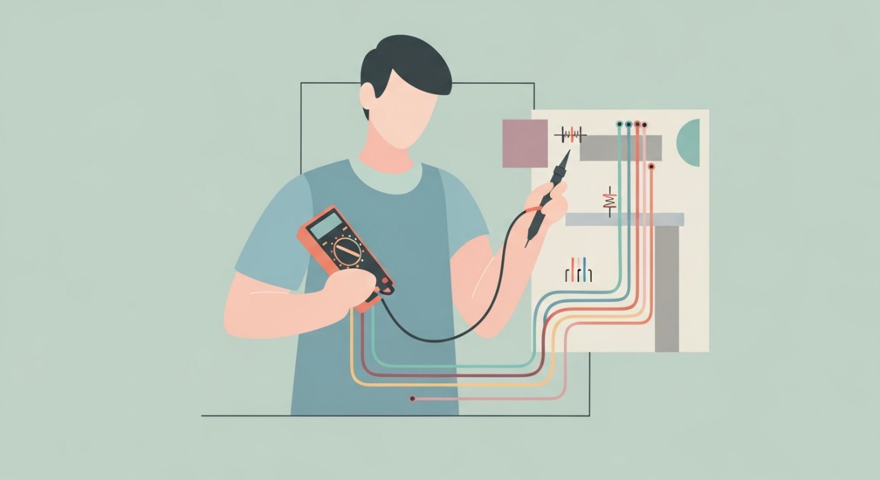 Seorang pelajar sedang memeriksa pendawaian pada papan litar elektrik menggunakan multimeter di dalam makmal.