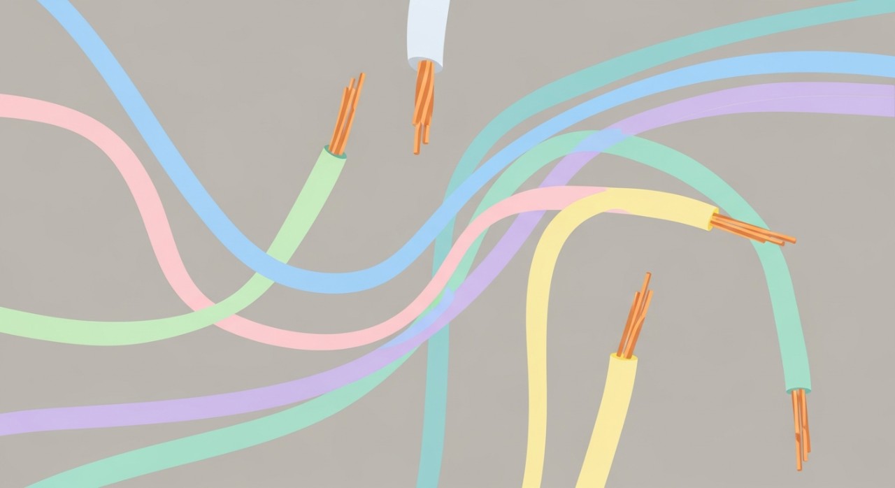 Koleksi kabel elektrik pelbagai warna dengan hujung tembaga yang terdedah