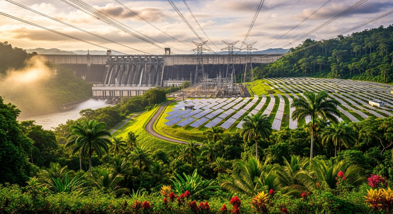 Empangan hidroelektrik besar dan barisan panel solar di kawasan luar bandar.