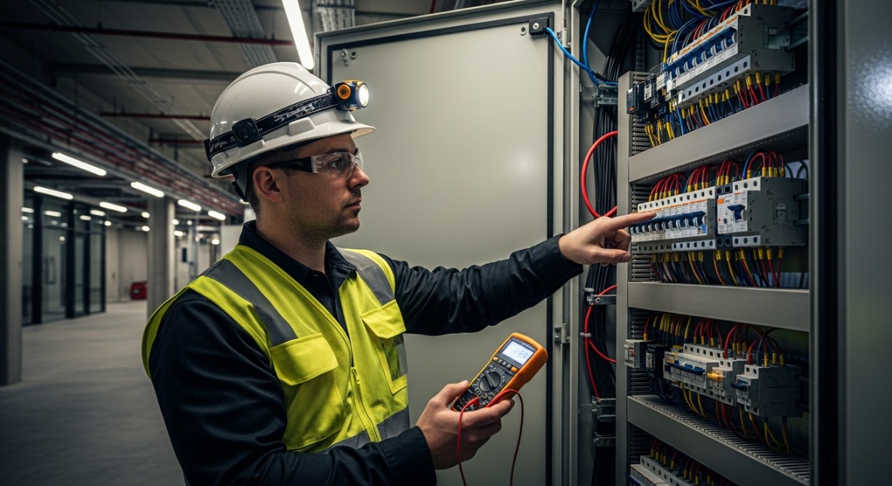 Seorang juruteknik sedang memeriksa panel agihan elektrik di dalam sebuah bangunan kerajaan di Johor